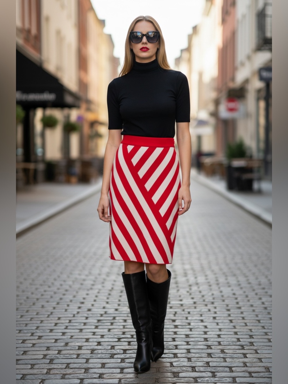Gucci Red and Cream Diagonal Stripe Midi Skirt